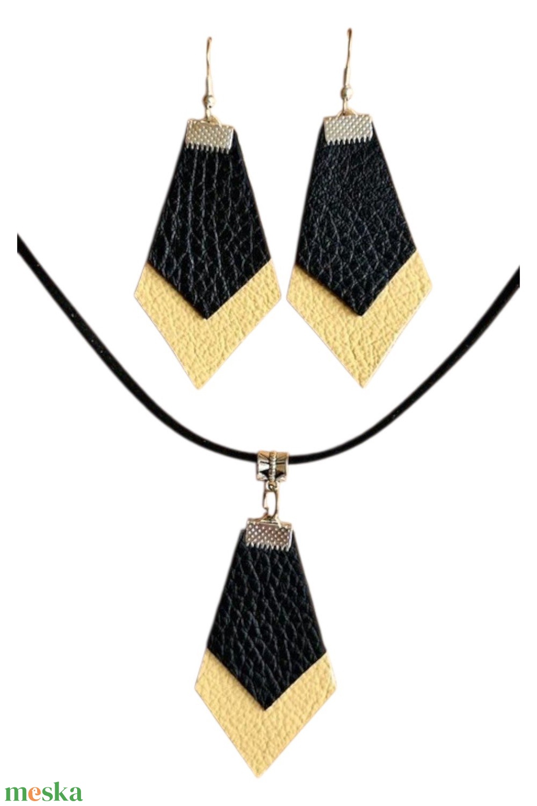 Modern bőr ékszerszett � fekete-bézs rombusz, kézműves design - ékszer - ékszerszett - Meska.hu