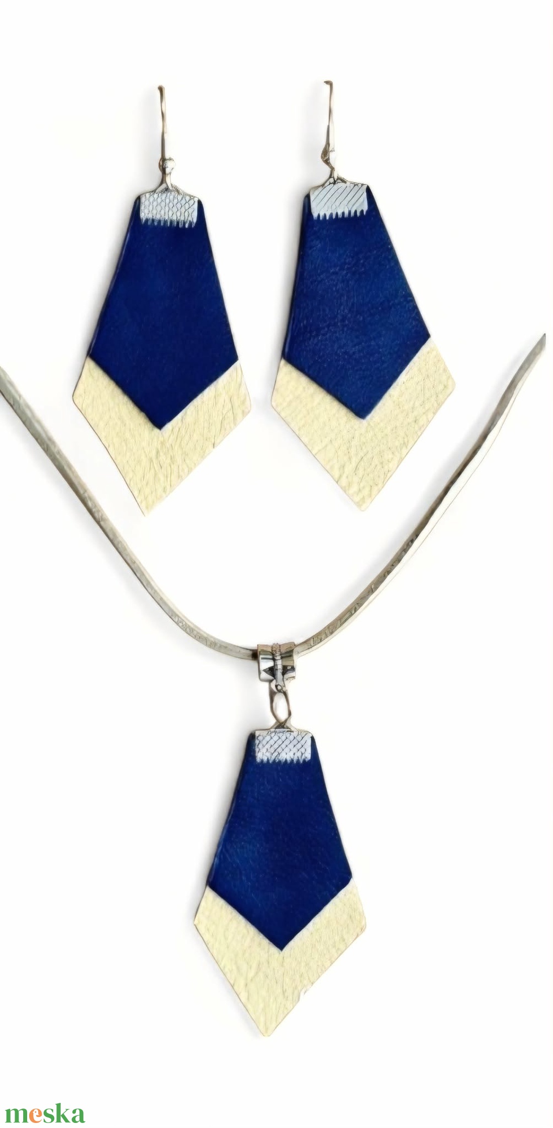 Modern bőr ékszerszett � kék-bézs rombusz, kézműves design - ékszer - ékszerszett - Meska.hu