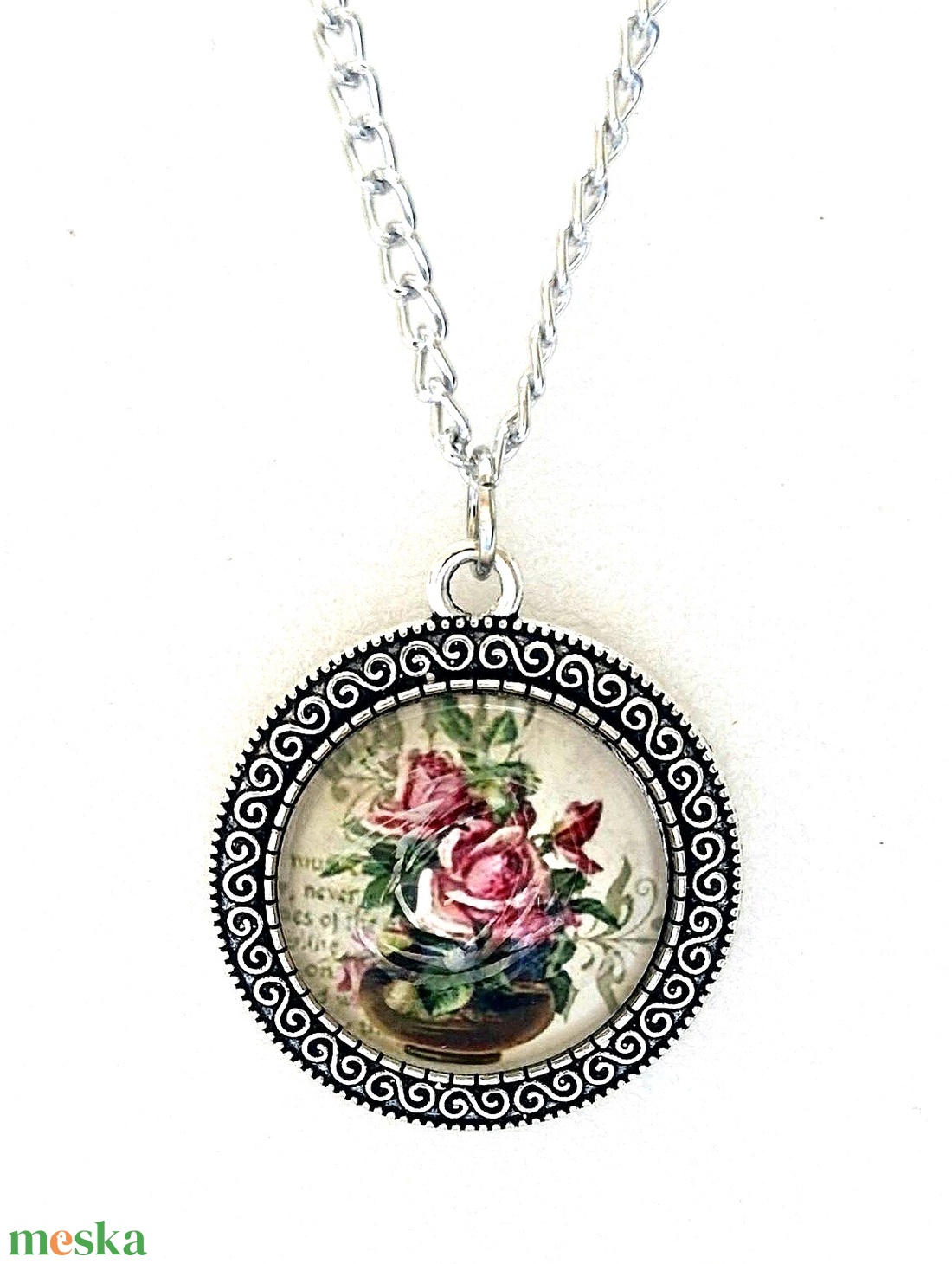 Vintage rózsás üveglencsés nyaklánc � antik ezüst színben - ékszer - nyaklánc - medálos nyaklánc - Meska.hu