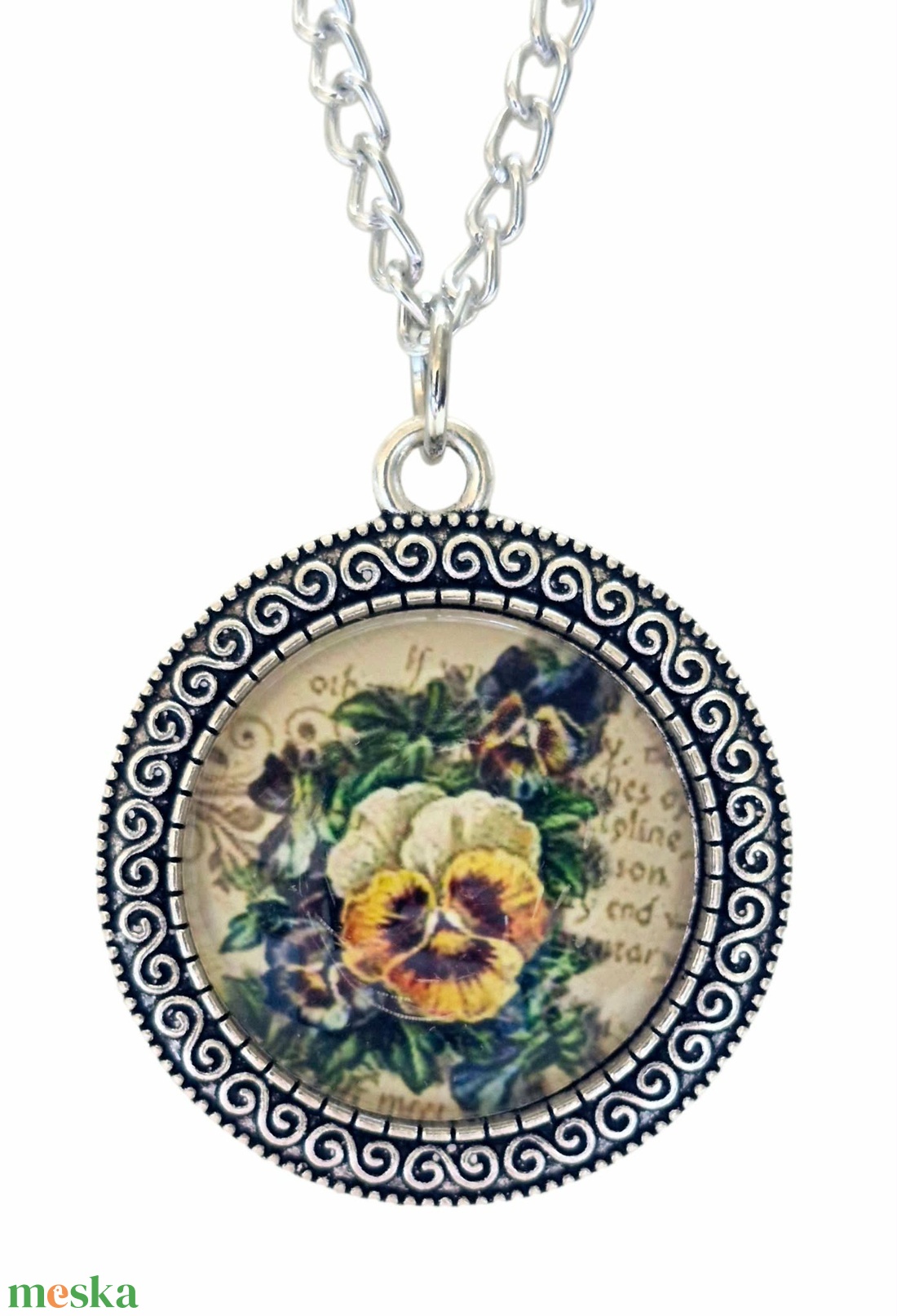 Vintage virágos üveglencsés nyaklánc � antik ezüst színben - ékszer - nyaklánc - medálos nyaklánc - Meska.hu