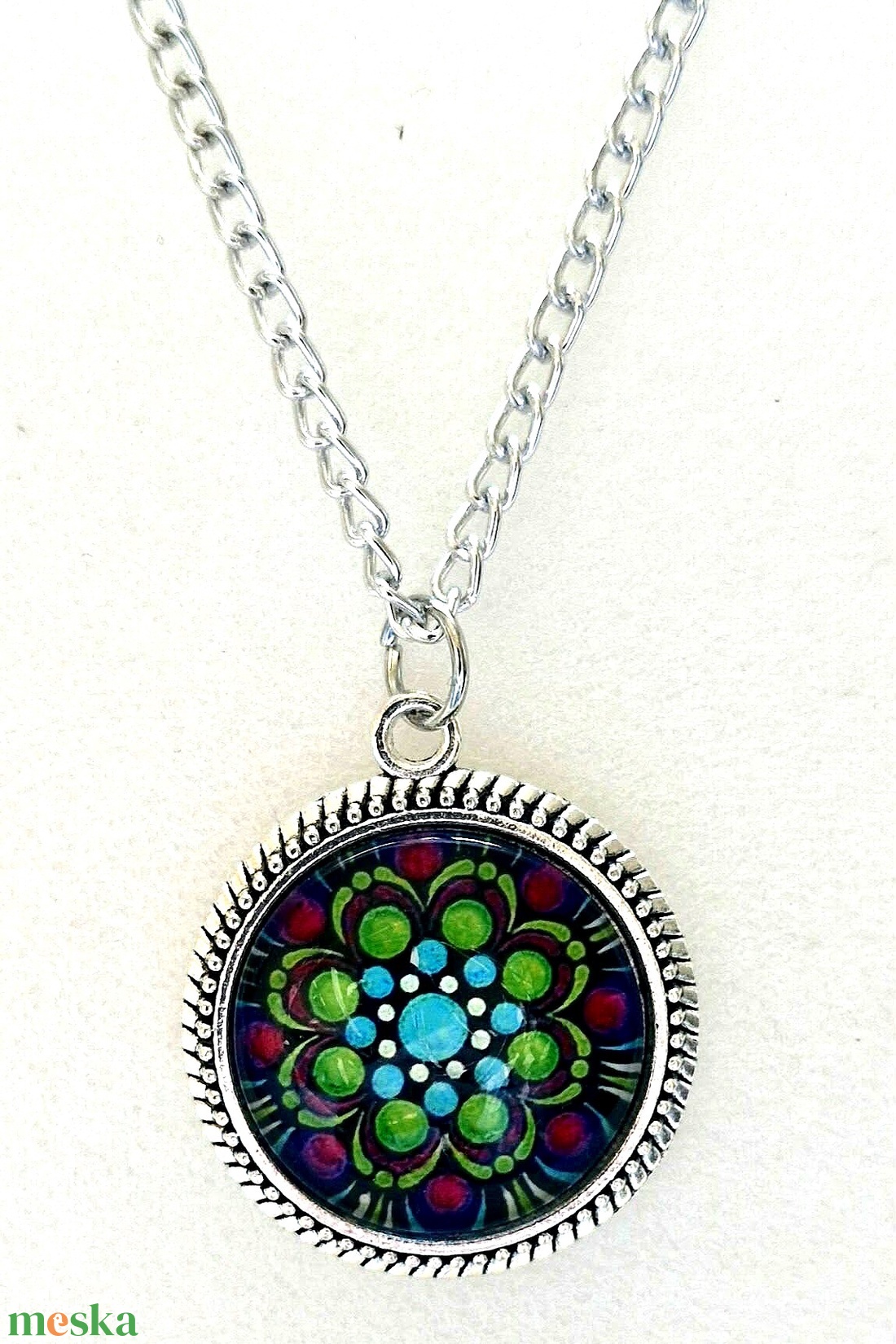 Türkiz és zöld mandala üveglencsés nyaklánc - ékszer - nyaklánc - medálos nyaklánc - Meska.hu