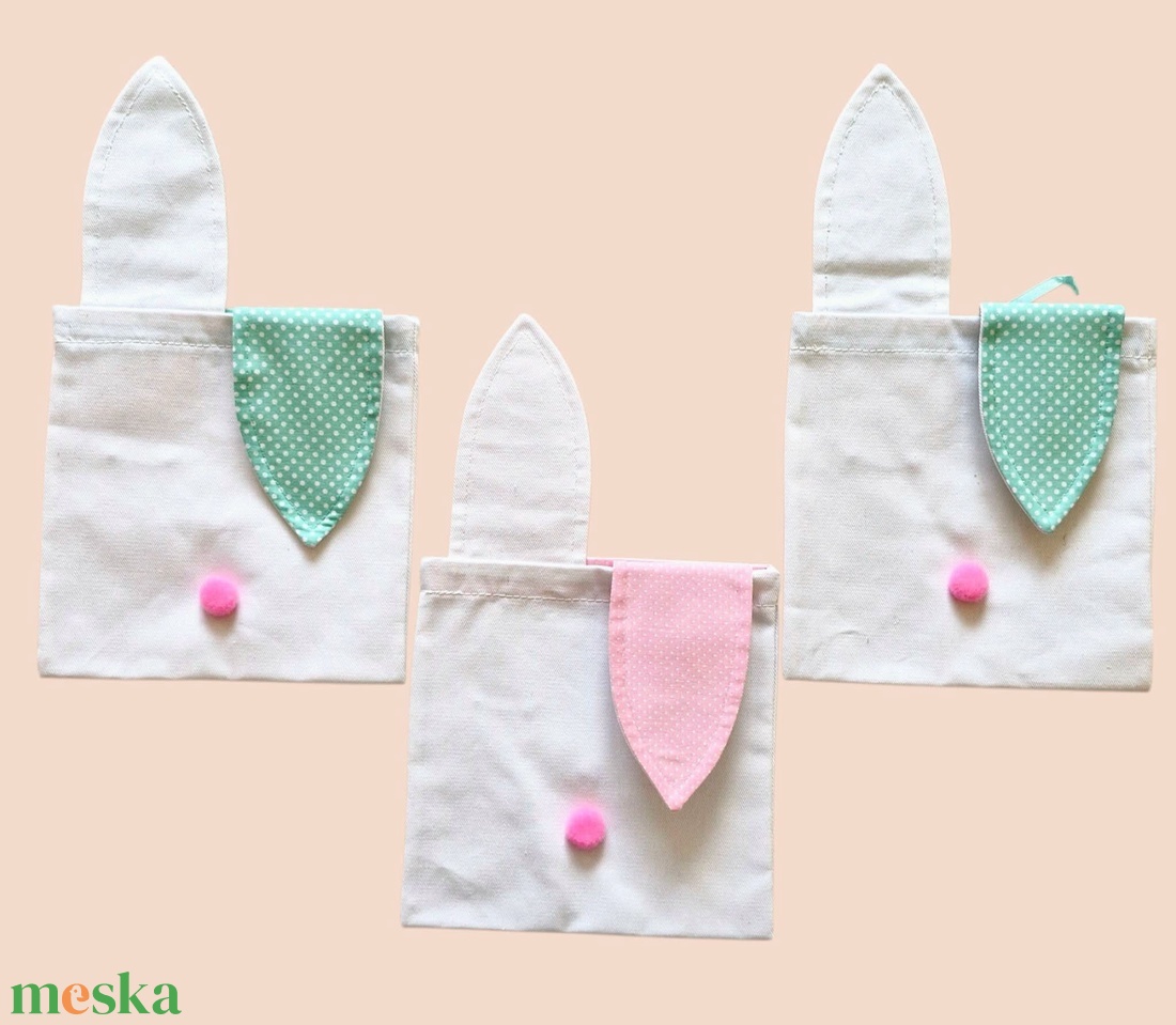 Kézzel hímzett menta/rózsaszín húsvéti nyuszis zsák erős vászonból - otthon & életmód - papír, írószer - ajándékozás kellékei - ajándékzsák, csomagolás - Meska.hu