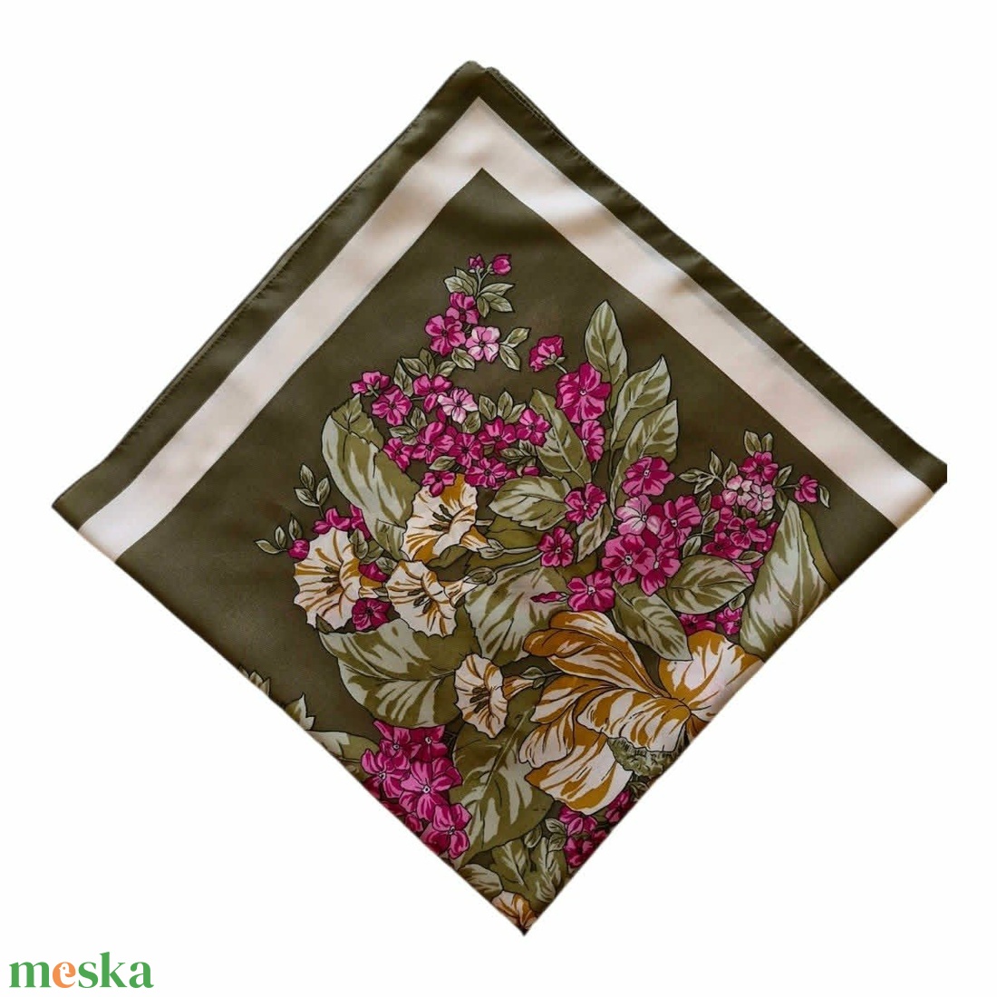 Romantikus vintage szatén kendő � Olivazöld és mályva virágmintás (77x77 cm) - ruha & divat - sál, sapka, kendő - kendő - Meska.hu