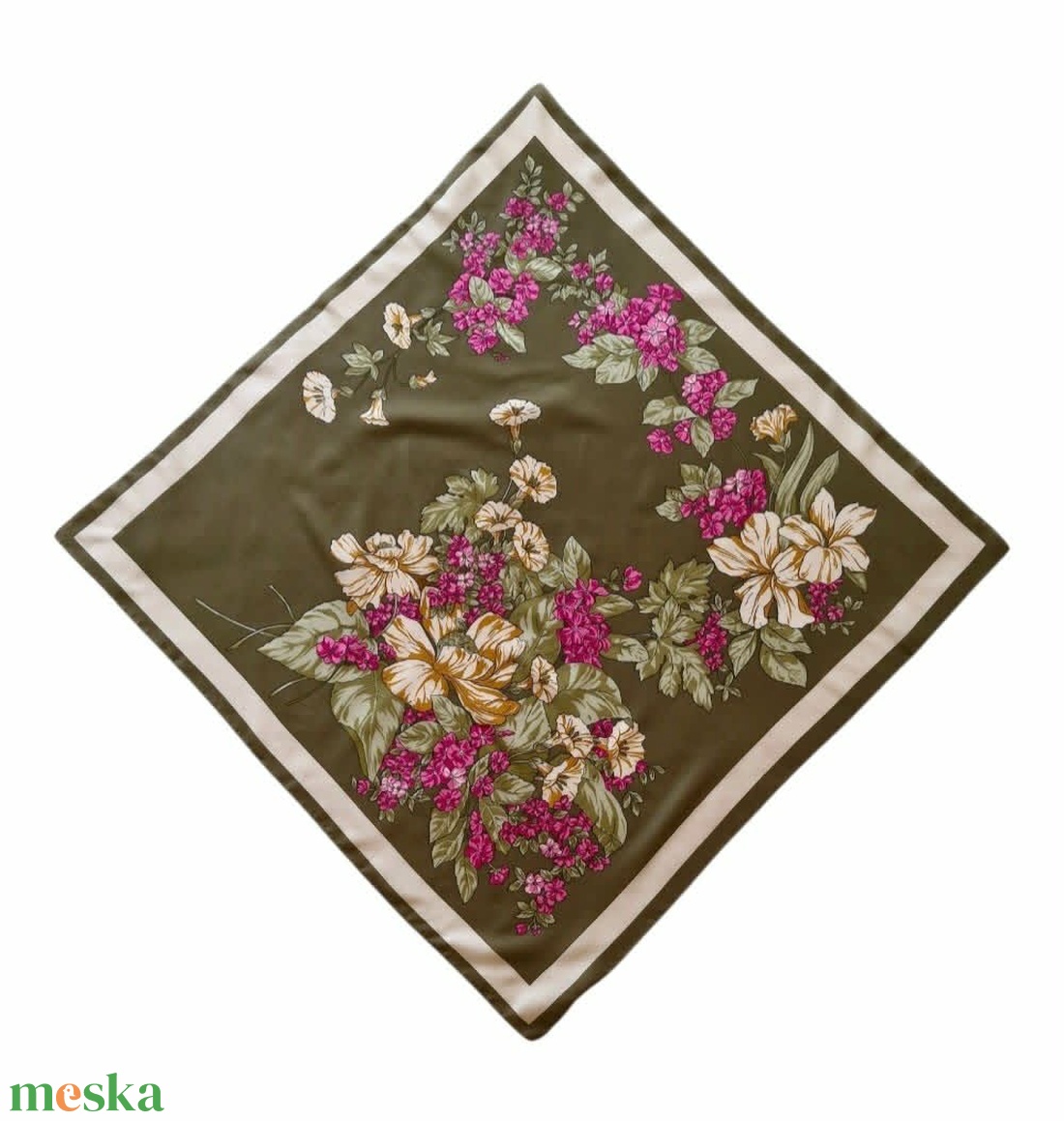 Romantikus vintage szatén kendő � Olivazöld és mályva virágmintás (77x77 cm) - ruha & divat - sál, sapka, kendő - kendő - Meska.hu