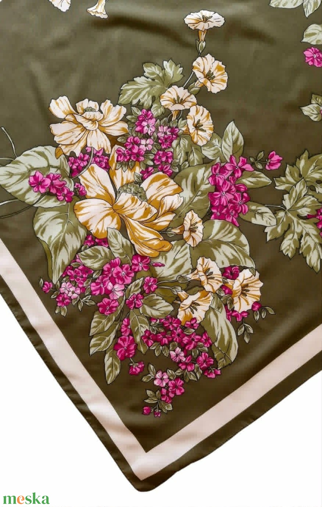 Romantikus vintage szatén kendő � Olivazöld és mályva virágmintás (77x77 cm) - ruha & divat - sál, sapka, kendő - kendő - Meska.hu