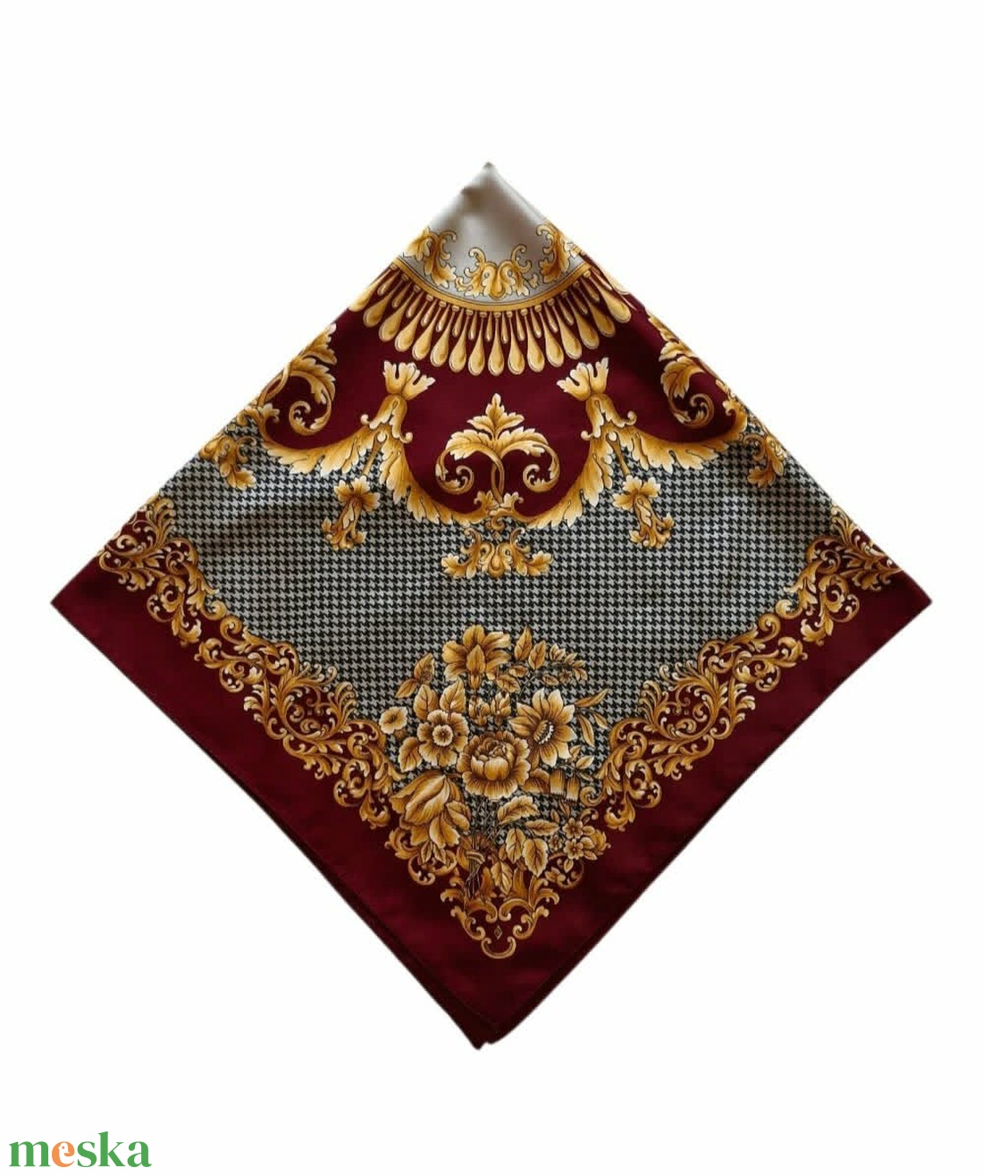 Nagy vintage barokk kendő � Olasz luxus stílusú, tyúklábmintás és arany díszítésű (88x88 cm) - ruha & divat - sál, sapka, kendő - kendő - Meska.hu