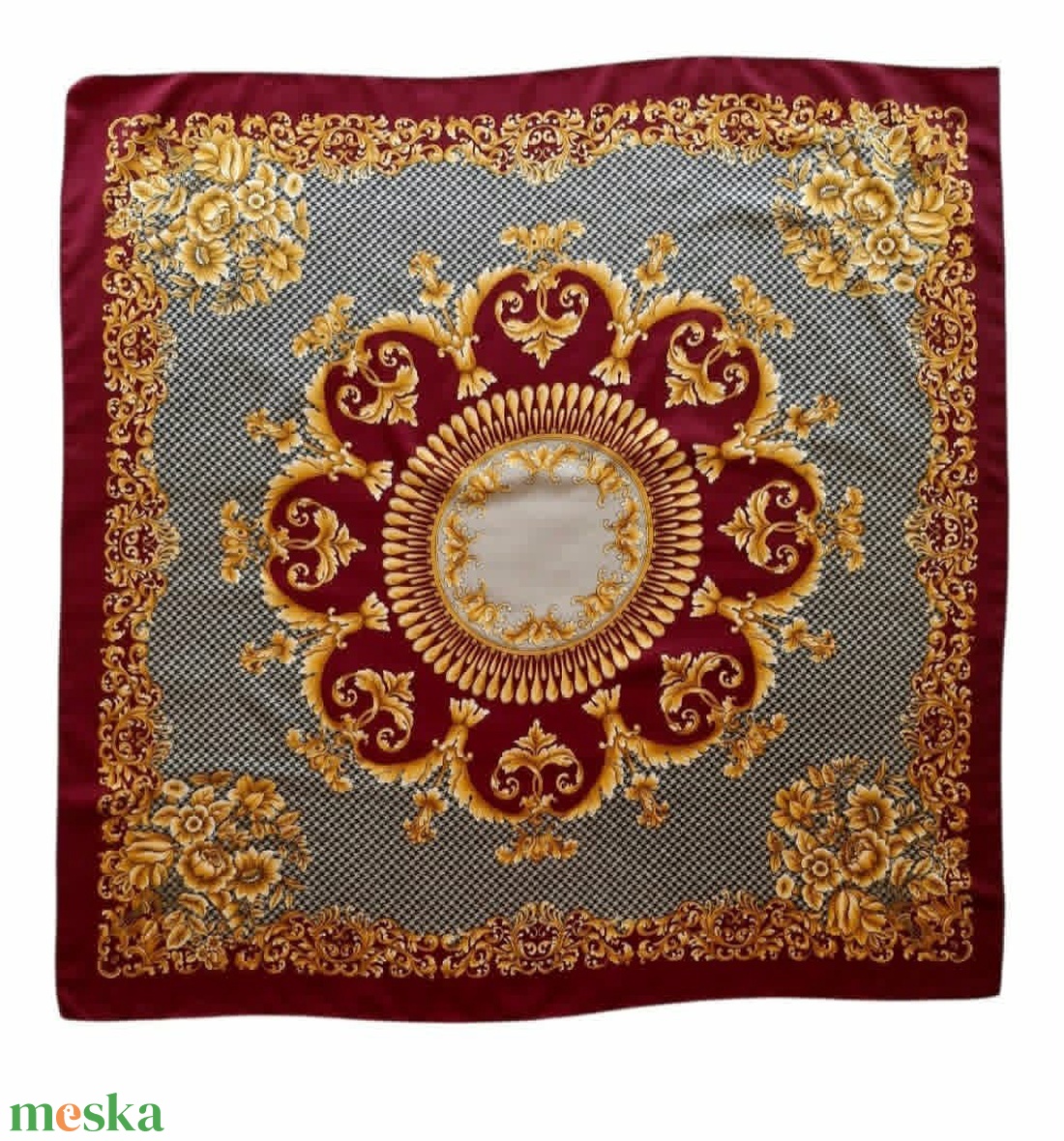 Nagy vintage barokk kendő � Olasz luxus stílusú, tyúklábmintás és arany díszítésű (88x88 cm) - ruha & divat - sál, sapka, kendő - kendő - Meska.hu