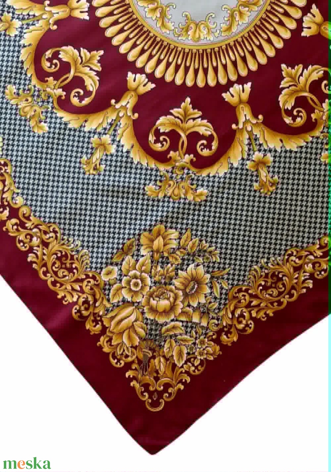 Nagy vintage barokk kendő � Olasz luxus stílusú, tyúklábmintás és arany díszítésű (88x88 cm) - ruha & divat - sál, sapka, kendő - kendő - Meska.hu