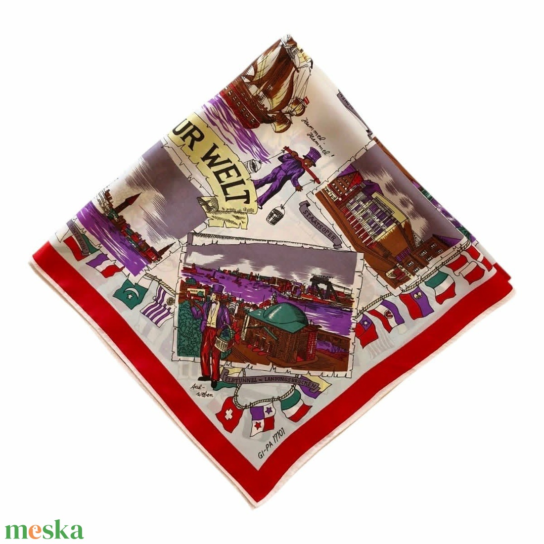 Vintage GI-PA Hamburg szuvenír kendő � Ritka retro illusztrált városi kendő (78x78 cm) - ruha & divat - sál, sapka, kendő - kendő - Meska.hu