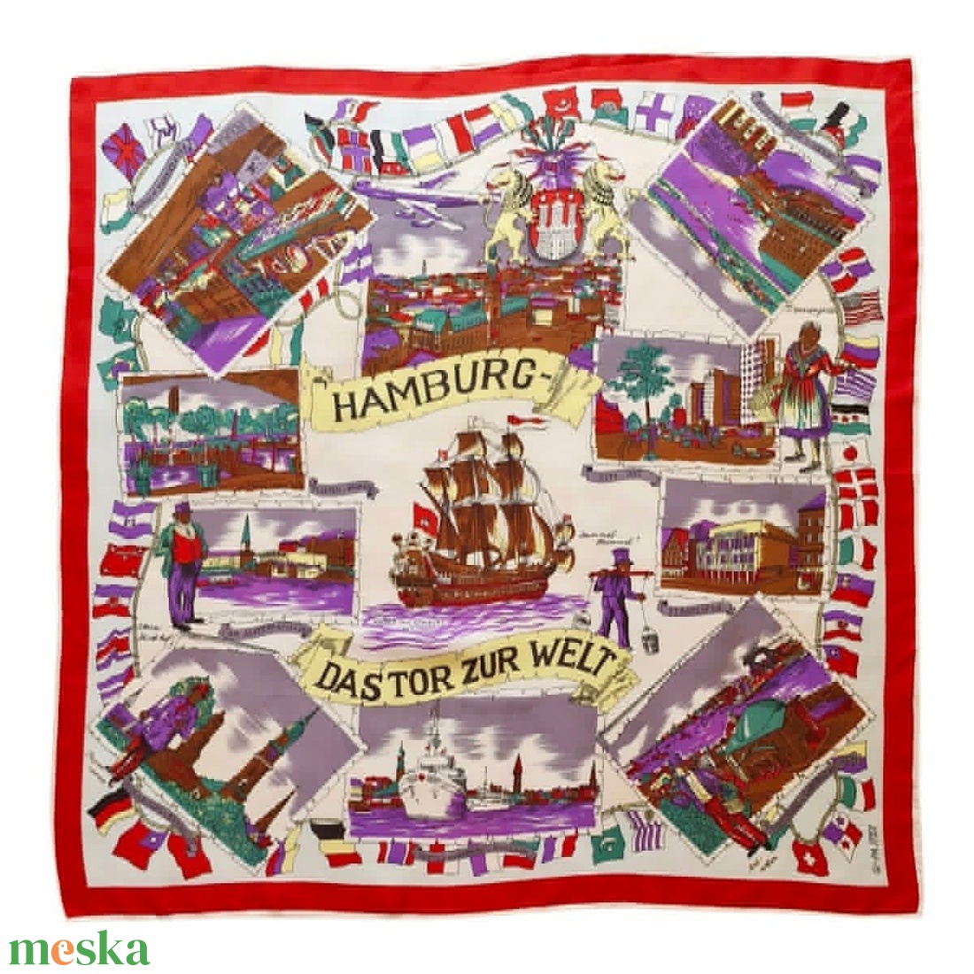 Vintage GI-PA Hamburg szuvenír kendő � Ritka retro illusztrált városi kendő (78x78 cm) - ruha & divat - sál, sapka, kendő - kendő - Meska.hu