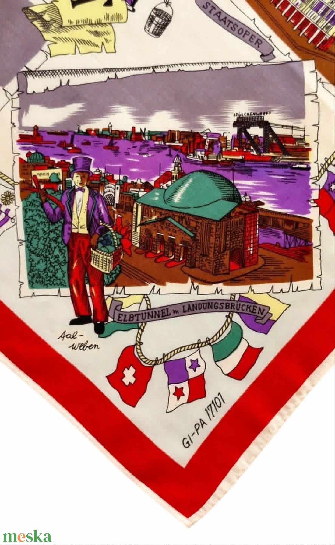 Vintage GI-PA Hamburg szuvenír kendő � Ritka retro illusztrált városi kendő (78x78 cm) - ruha & divat - sál, sapka, kendő - kendő - Meska.hu