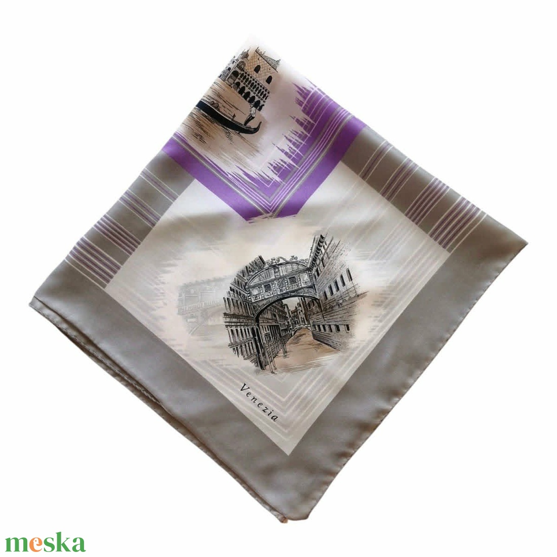 Romantikus vintage Velence (Venezia) kendő � Lila-szürke képeslap mintás szatén (76x76cm) - ruha & divat - sál, sapka, kendő - kendő - Meska.hu