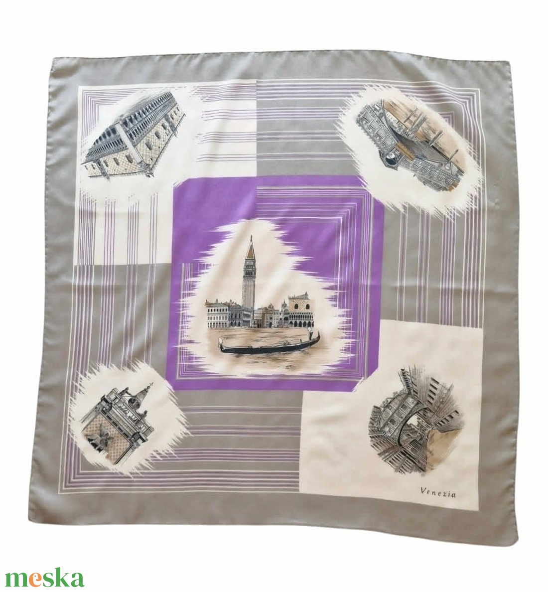 Romantikus vintage Velence (Venezia) kendő � Lila-szürke képeslap mintás szatén (76x76cm) - ruha & divat - sál, sapka, kendő - kendő - Meska.hu