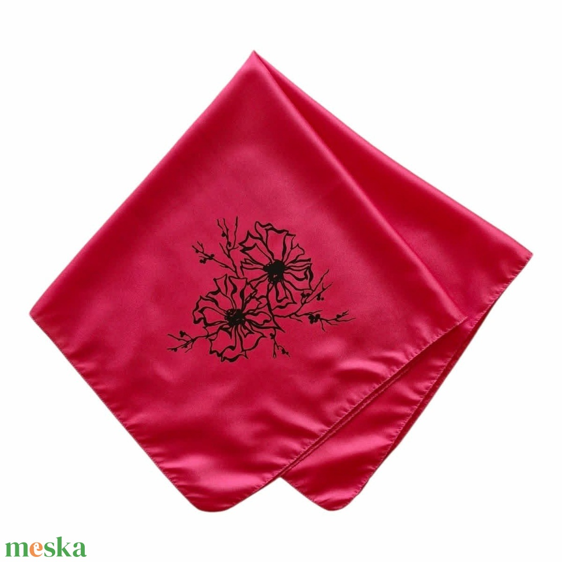 Élénk pink vintage kendő � Minimalista fekete virágmintával a sarkában (70x70cm) - ruha & divat - sál, sapka, kendő - kendő - Meska.hu