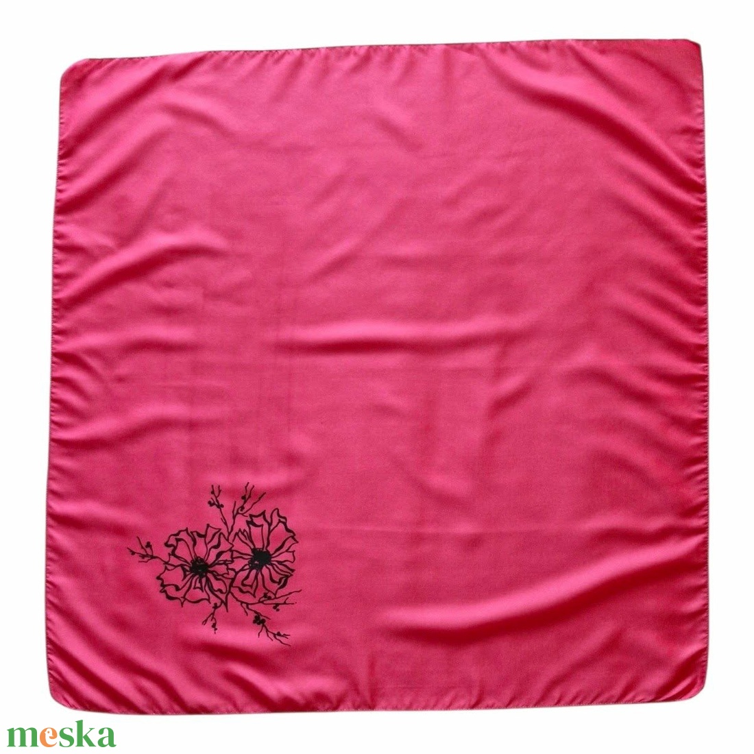 Élénk pink vintage kendő � Minimalista fekete virágmintával a sarkában (70x70cm) - ruha & divat - sál, sapka, kendő - kendő - Meska.hu