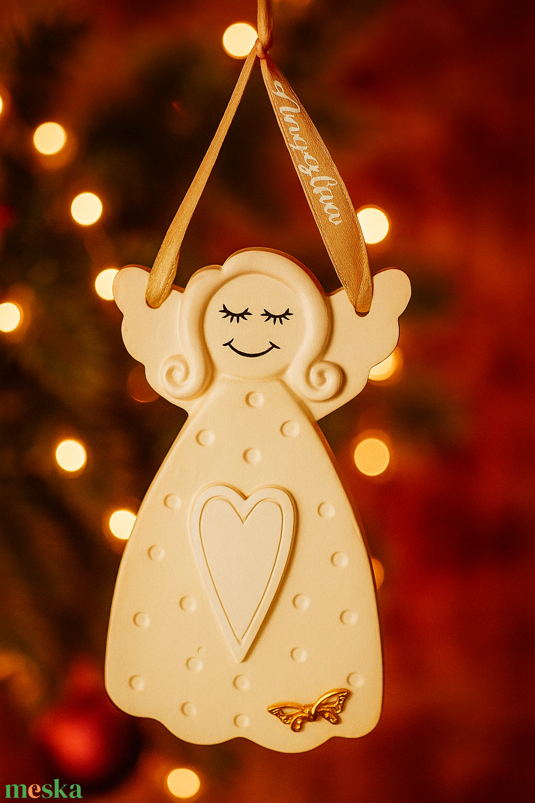 Kerámia angyalka névre szóló szalaggal - karácsony - karácsonyi lakásdekoráció - karácsonyfadíszek - Meska.hu