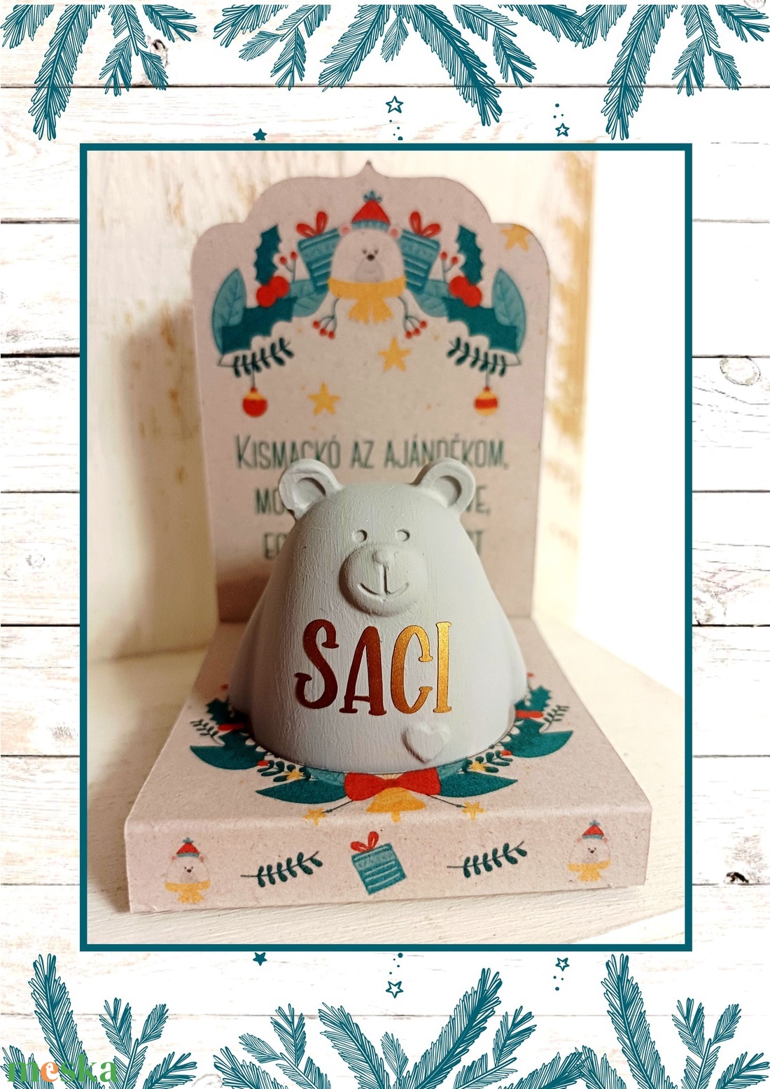 Névre szóló szingli mackó dobozkában - karácsony - karácsonyi lakásdekoráció - karácsonyi manók, figurák - Meska.hu