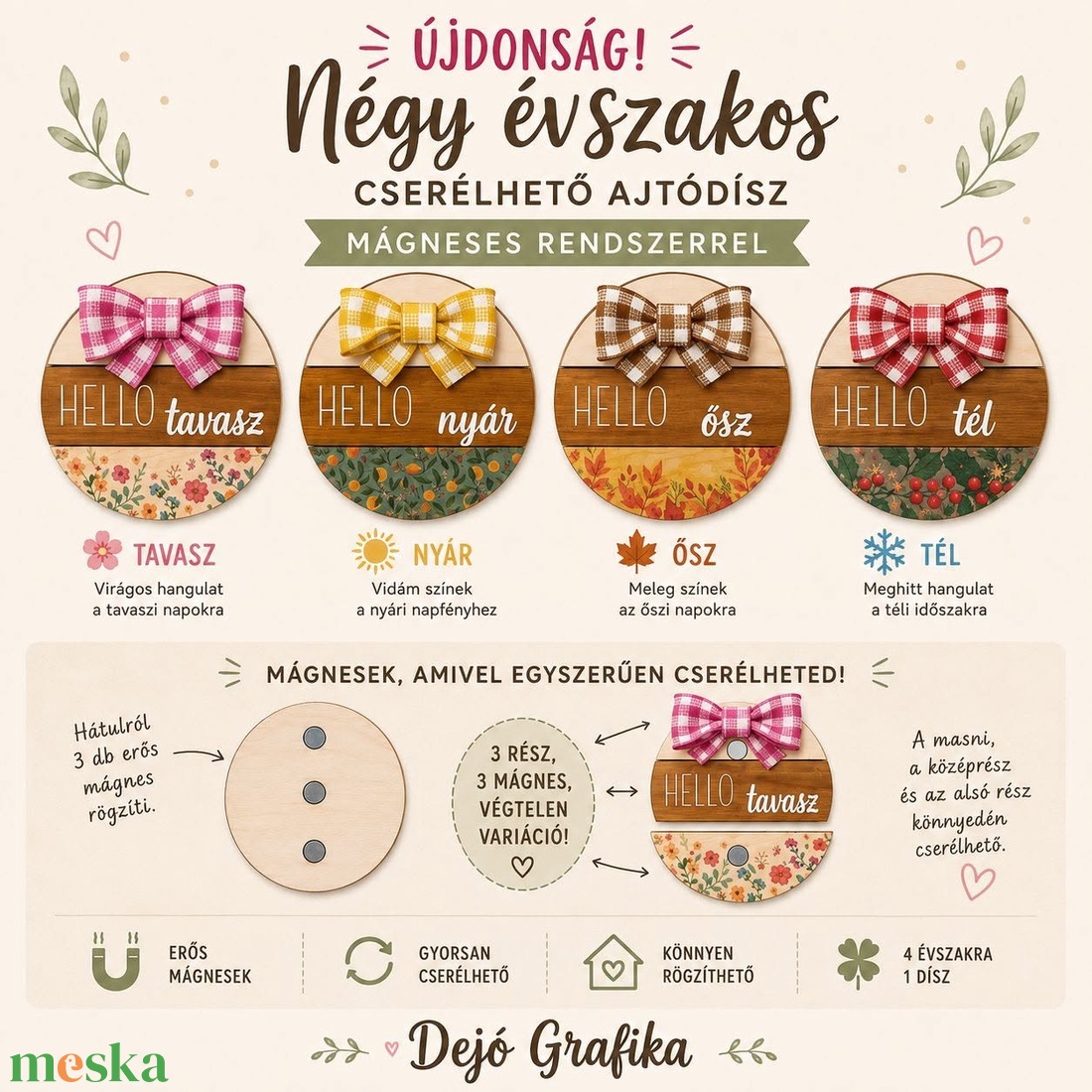 4 évszakos mágneses ajtódísz - otthon & életmód - dekoráció - ajtó- és ablak dekoráció - ajtódísz & kopogtató - Meska.hu
