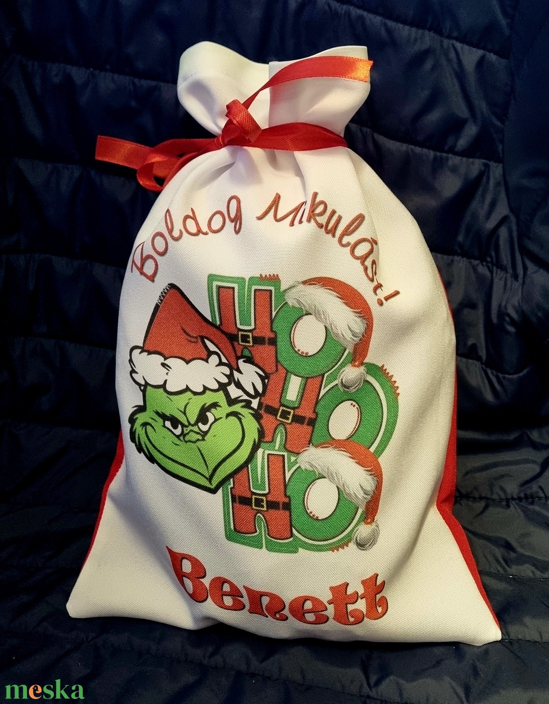 Egyedi,névre szóló Mikulás Grinch mintával - karácsony - mikulás - mikulás zsák - Meska.hu