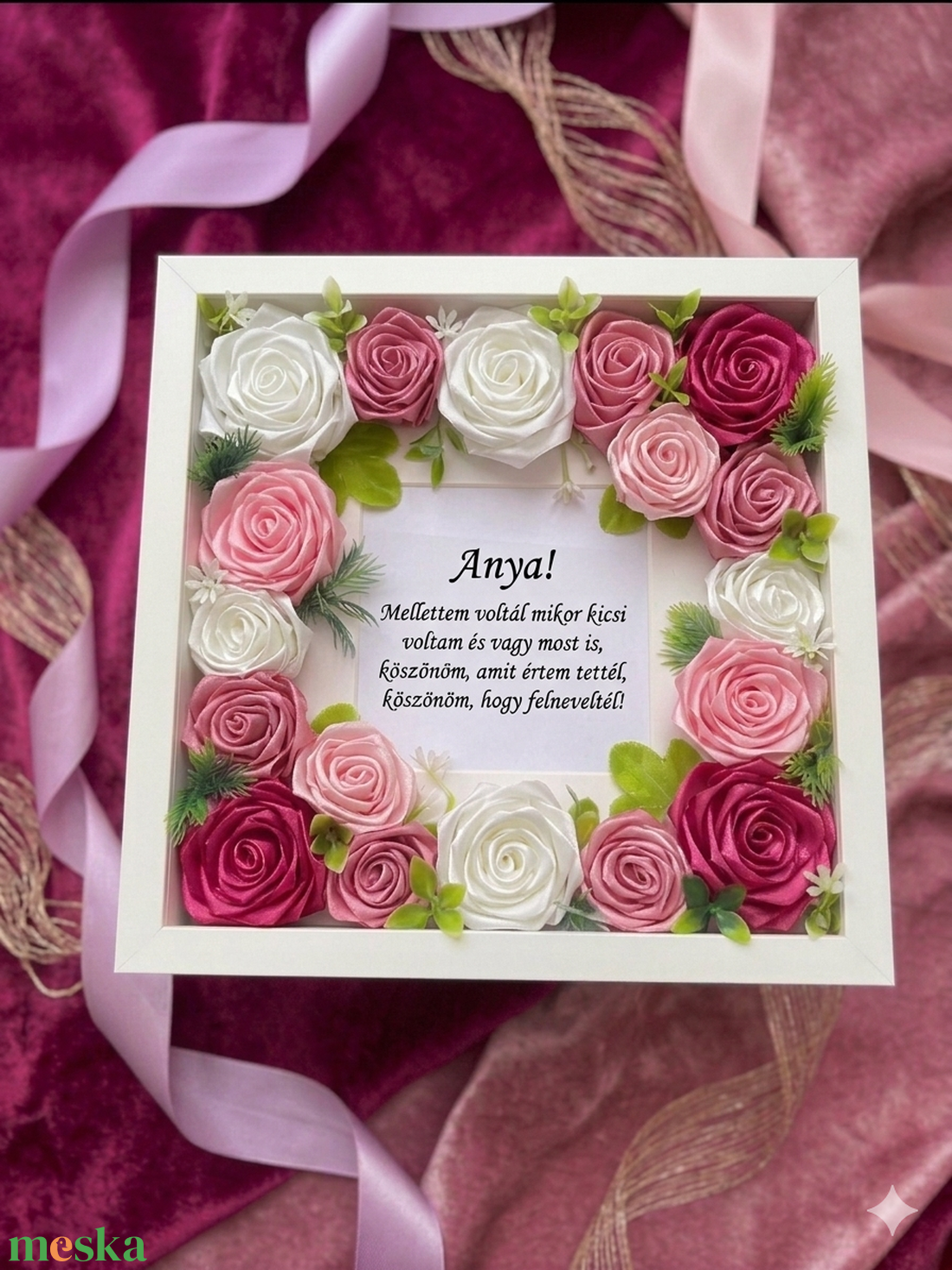 Szatén rózsával díszített kép - otthon & életmód - dekoráció - kép & falikép - fából készült kép - Meska.hu