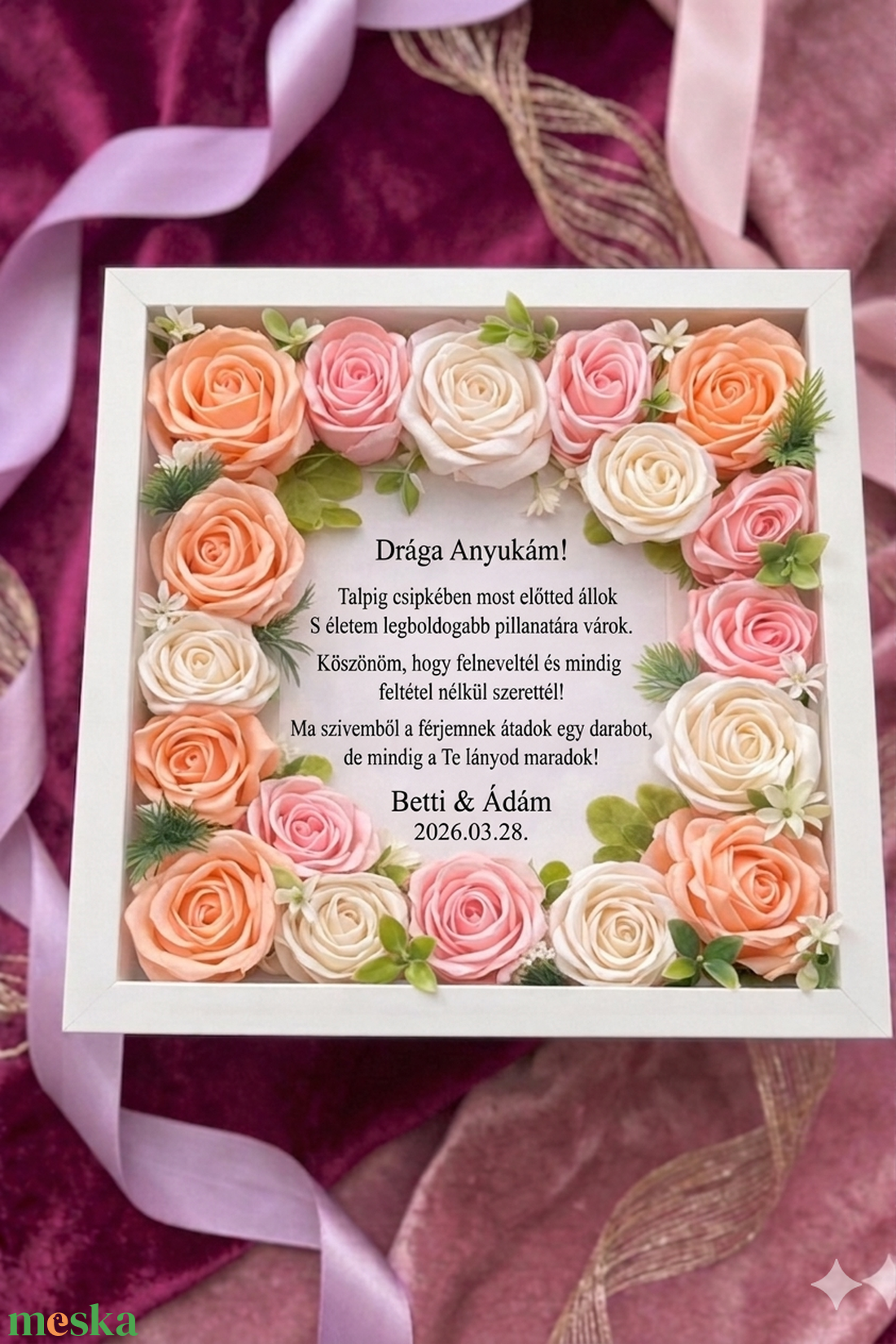 Szatén rózsával díszített kép szülőköszöntő ajándéknak - esküvő - emlék & ajándék - szülőköszöntő ajándék - Meska.hu
