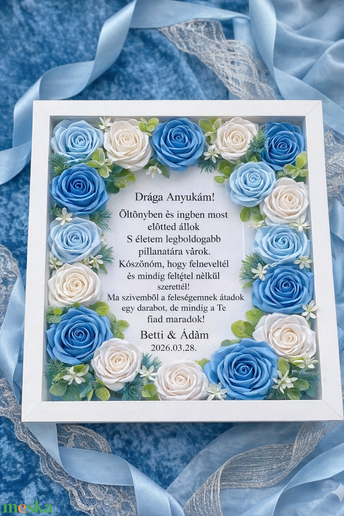 Szatén rózsával díszített kép szülőköszöntő ajándéknak - esküvő - emlék & ajándék - szülőköszöntő ajándék - Meska.hu