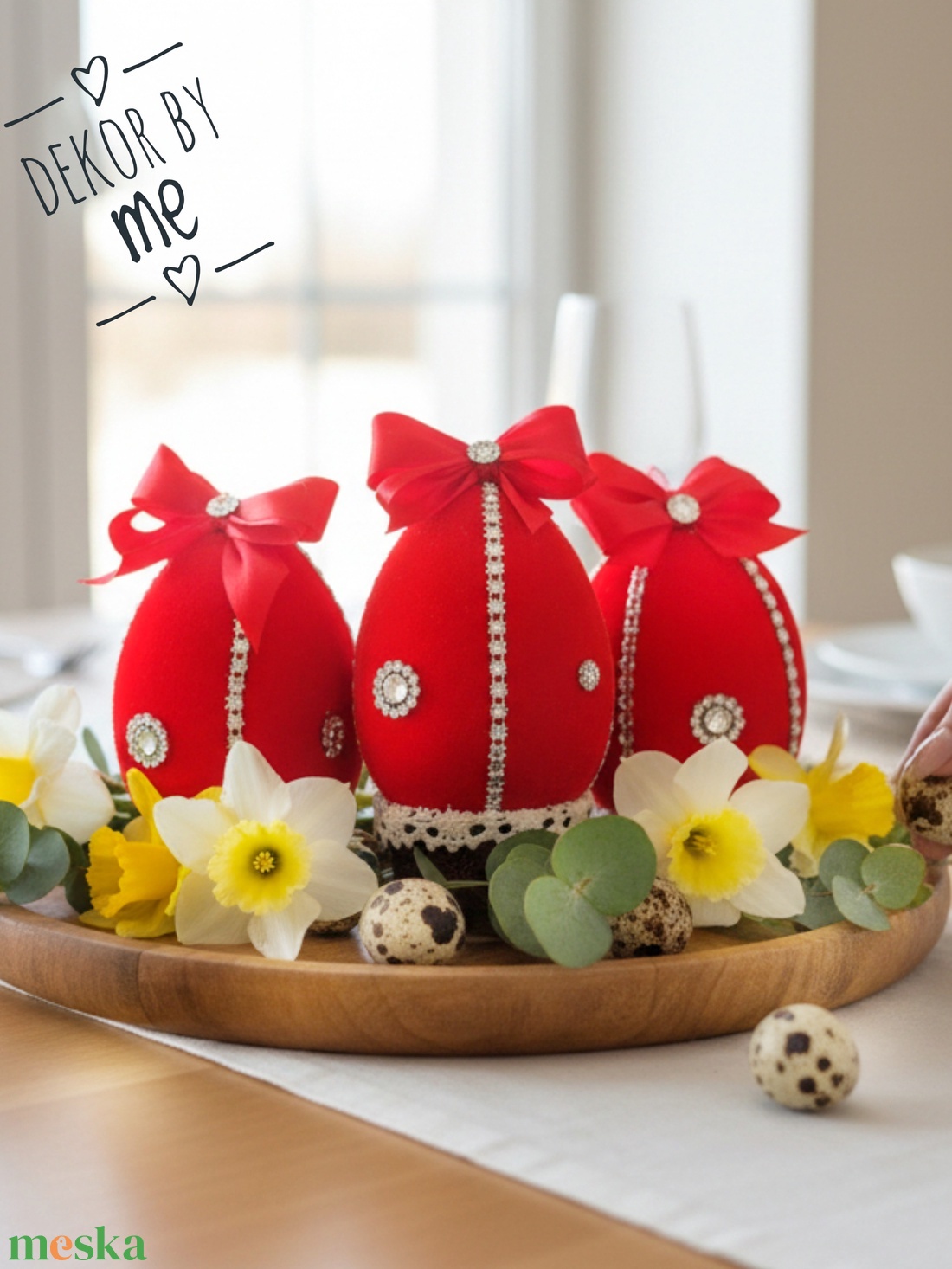 Piros bársony húsvéti tojás dekoráció � 10 cm, felakasztható, romantikus stílus - ünnepi díszek, dekorációk - húsvéti díszek és dekorációk - húsvéti asztaldíszek - Meska.hu