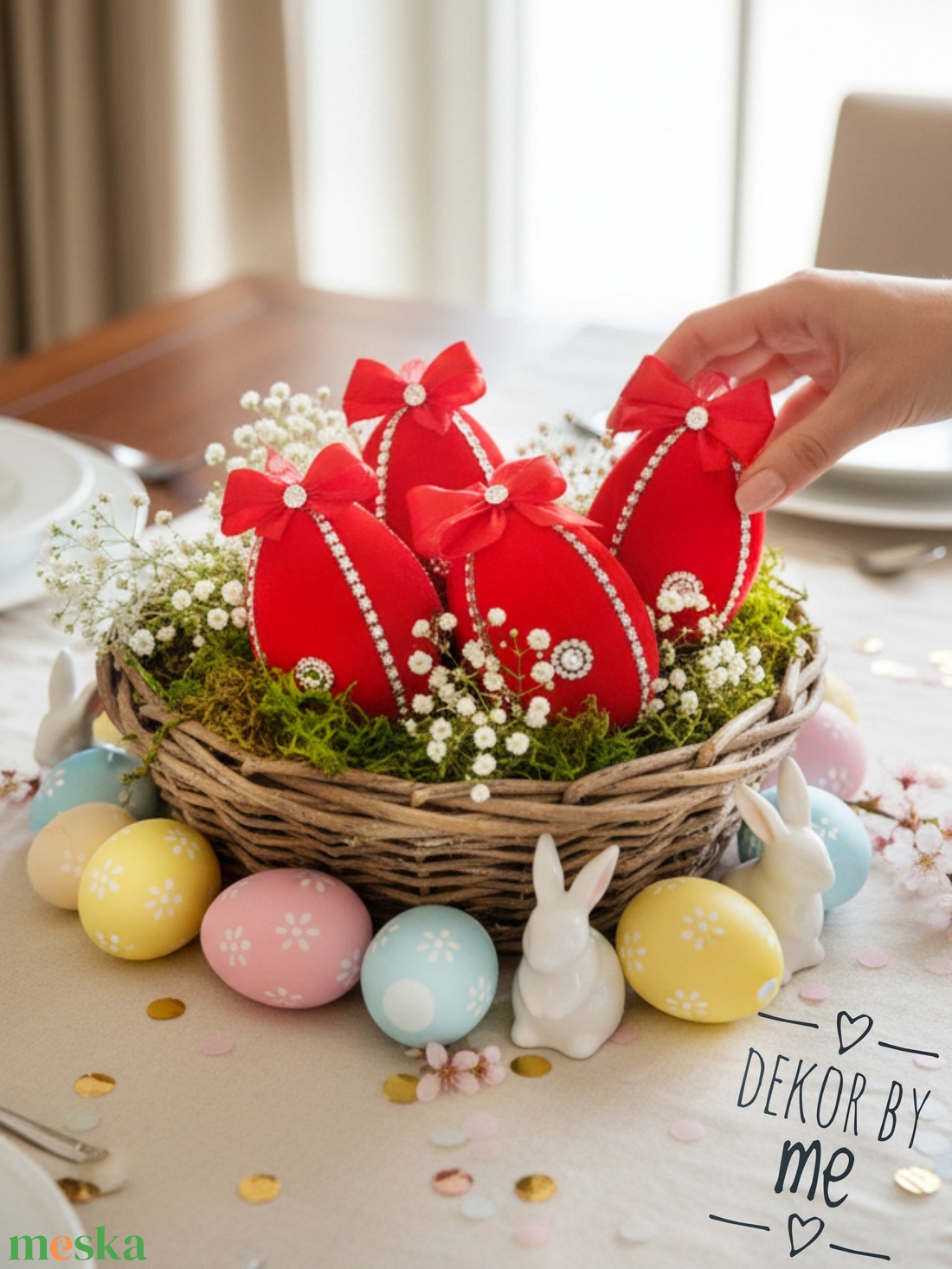 Piros bársony húsvéti tojás dekoráció � 10 cm, felakasztható, romantikus stílus - ünnepi díszek, dekorációk - húsvéti díszek és dekorációk - húsvéti asztaldíszek - Meska.hu