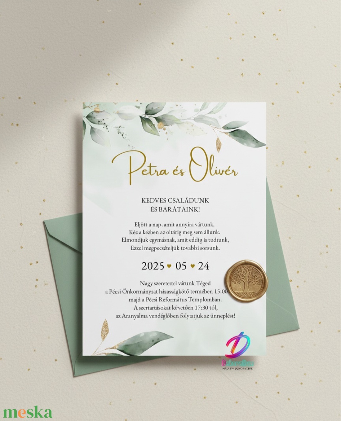 Greenary esküvői meghívó arany részletekkel - esküvő - meghívó & kártya - meghívó - Meska.hu