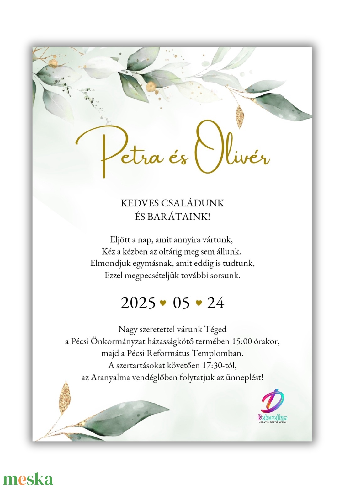 Greenary esküvői meghívó arany részletekkel - esküvő - meghívó & kártya - meghívó - Meska.hu