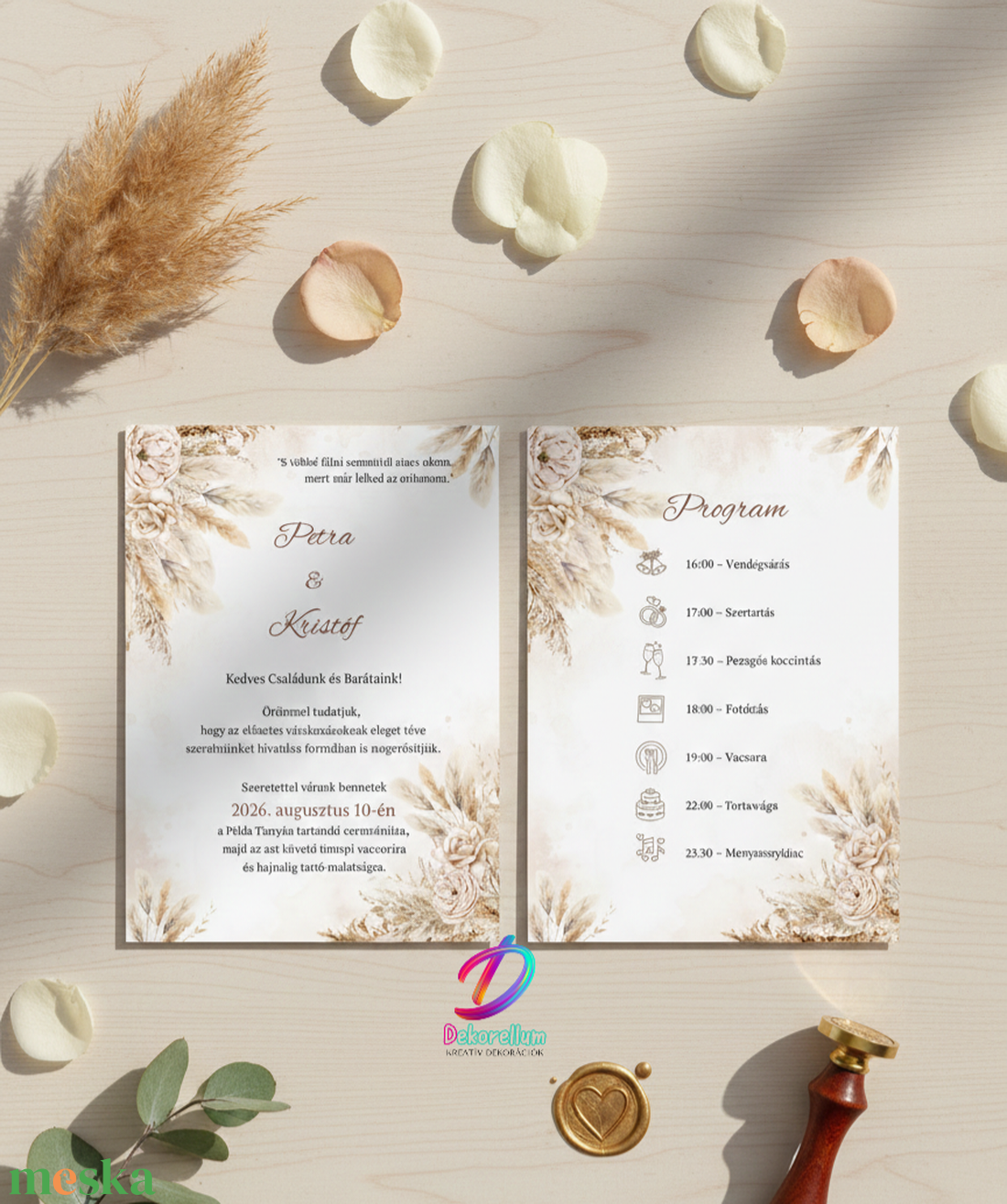 Pampás esküvői meghívó programleírással - esküvő - meghívó & kártya - meghívó - Meska.hu