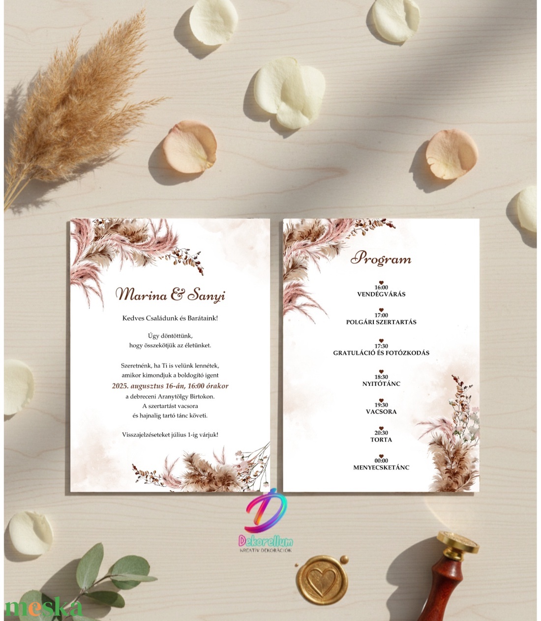 Pampás esküvői meghívó programleírással - esküvő - meghívó & kártya - meghívó - Meska.hu
