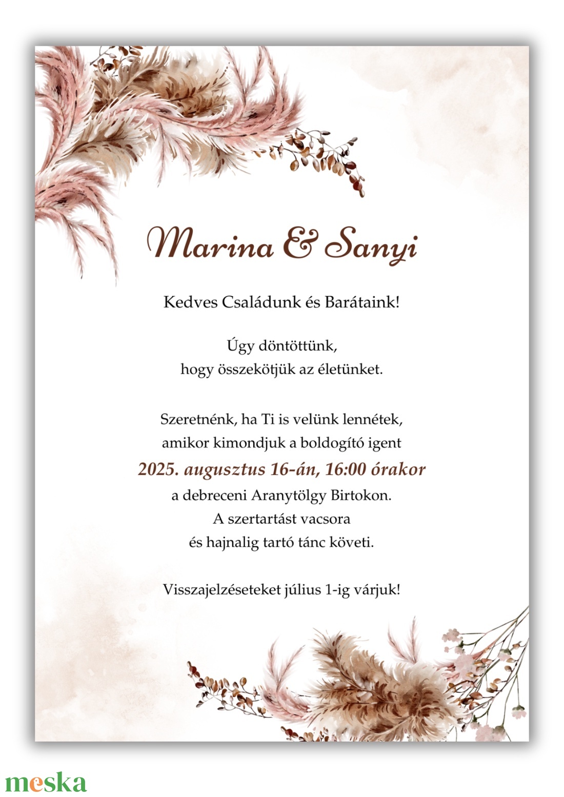Pampás esküvői meghívó programleírással - esküvő - meghívó & kártya - meghívó - Meska.hu