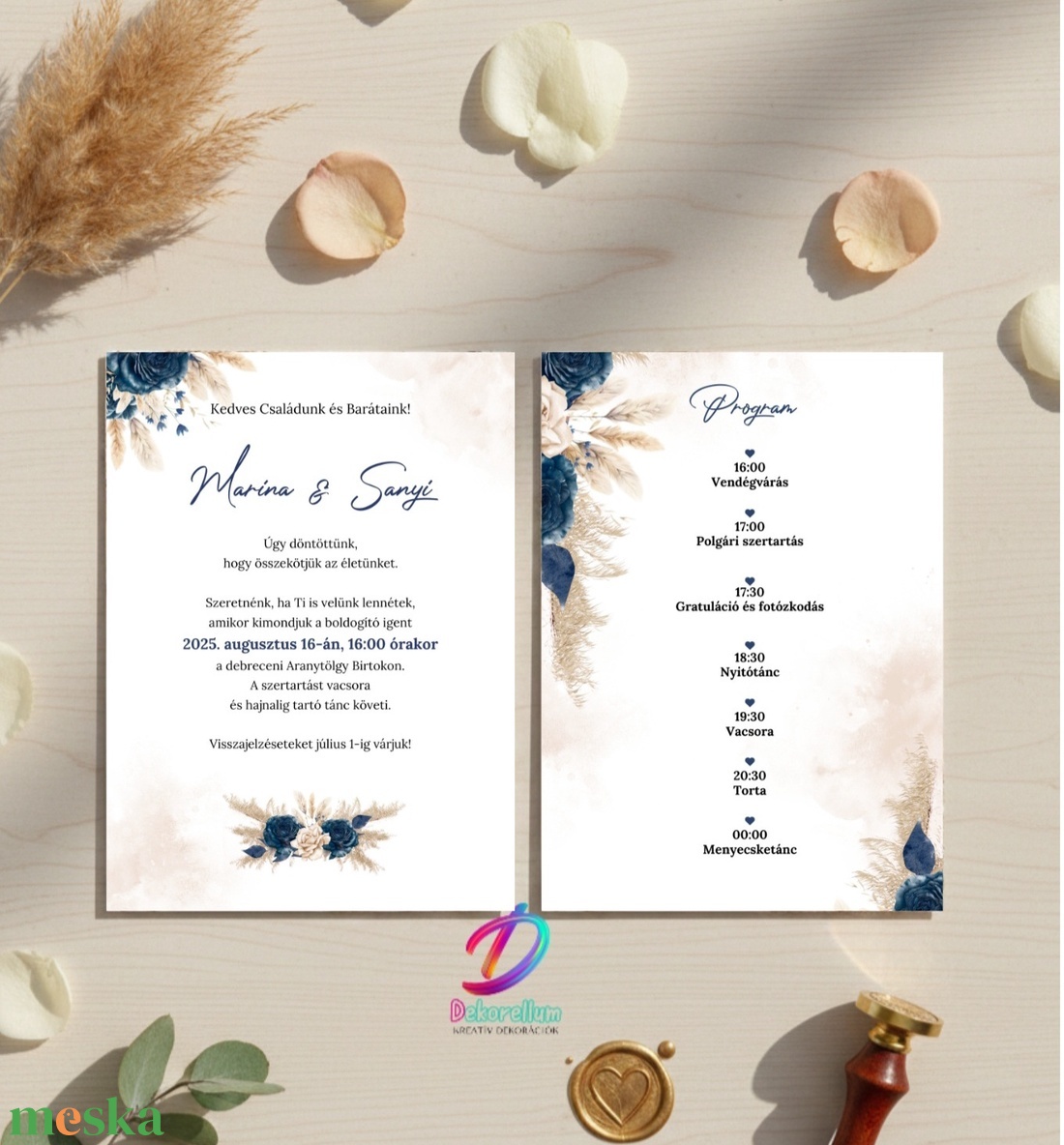 Pampás esküvői meghívó programleírással - esküvő - meghívó & kártya - meghívó - Meska.hu