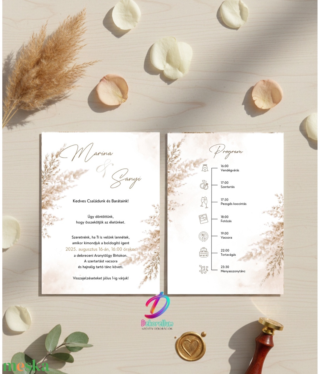 Pampás esküvői meghívó programleírással - esküvő - meghívó & kártya - meghívó - Meska.hu