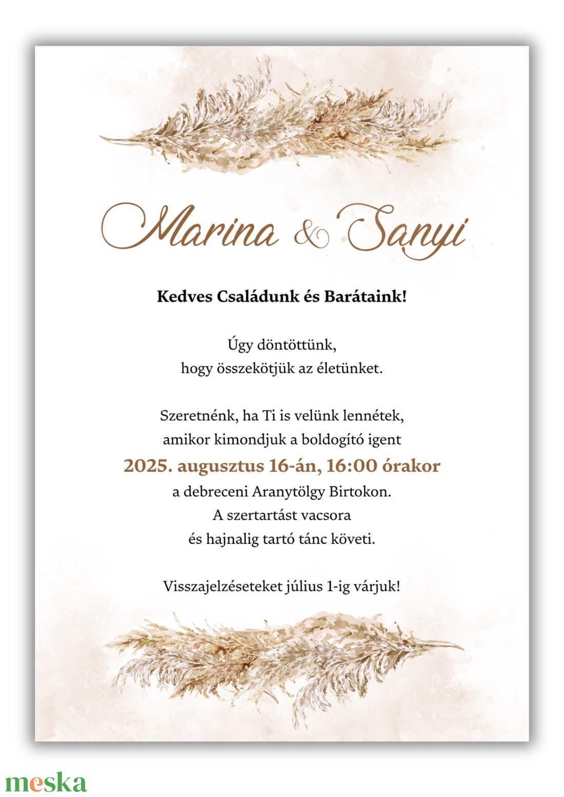 Pampás esküvői meghívó programleírással - esküvő - meghívó & kártya - meghívó - Meska.hu