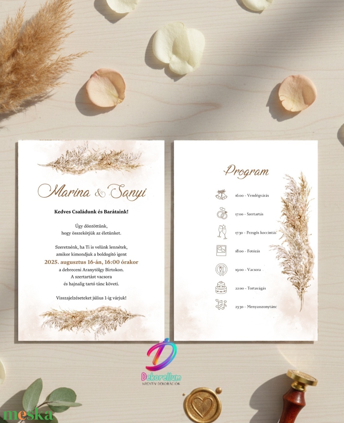 Pampás esküvői meghívó programleírással - esküvő - meghívó & kártya - meghívó - Meska.hu