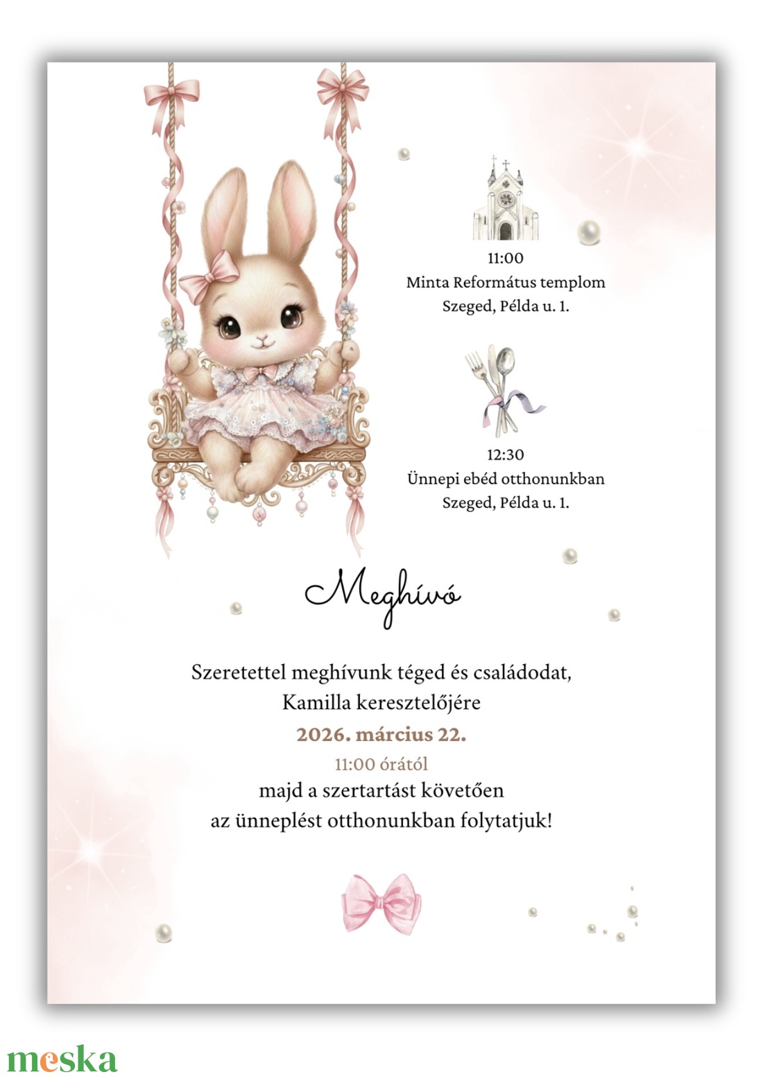 Keresztelési meghívó lányoknak � elegáns, személyre szabott, prémium nyuszis - baba - mama - keresztelő kellékek - keresztelő meghívó - Meska.hu
