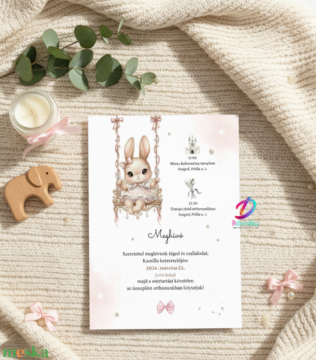 Keresztelési meghívó lányoknak � elegáns, személyre szabott, prémium nyuszis - baba - mama - keresztelő kellékek - keresztelő meghívó - Meska.hu