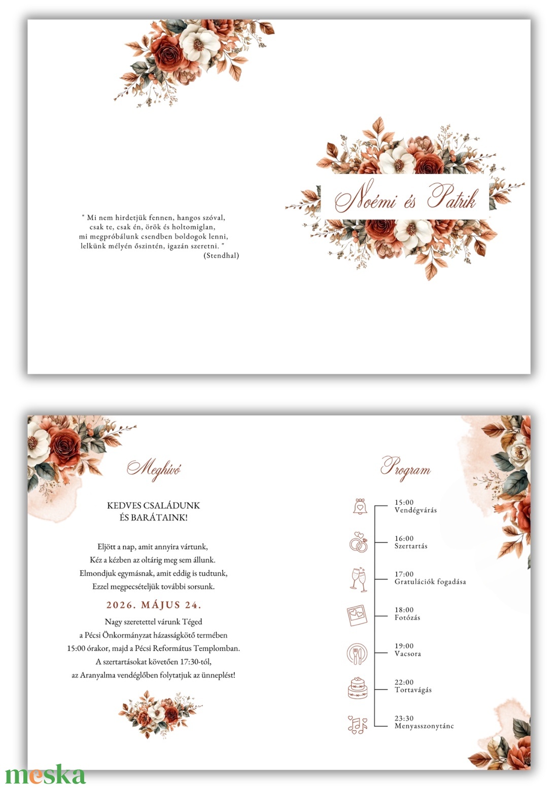 Terrakotta virágos esküvői meghívó - esküvő - meghívó & kártya - meghívó - Meska.hu