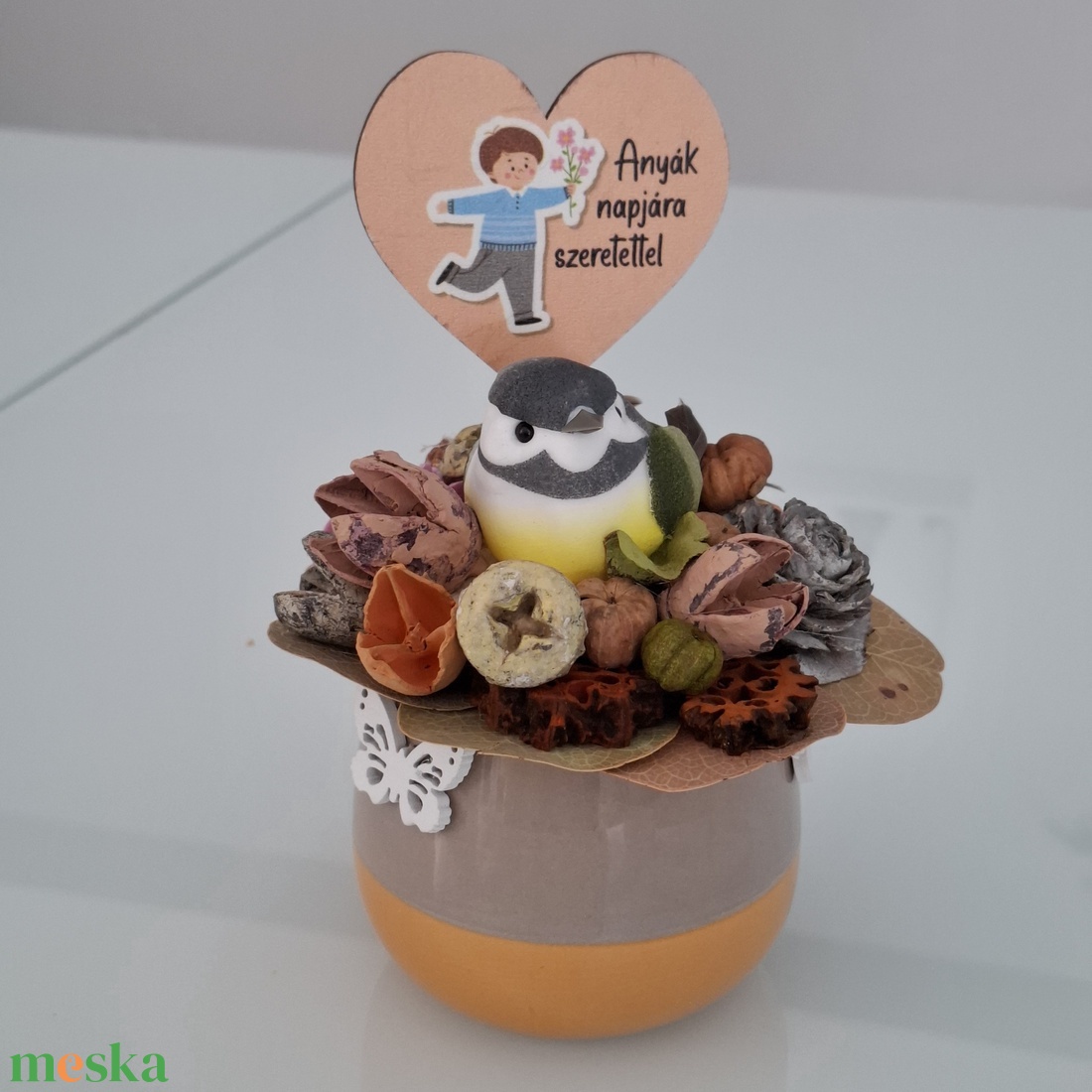 Anyák napi dísz madárral  - otthon & életmód - virágdekoráció - virágdíszek - virágdísz kaspóban - Meska.hu