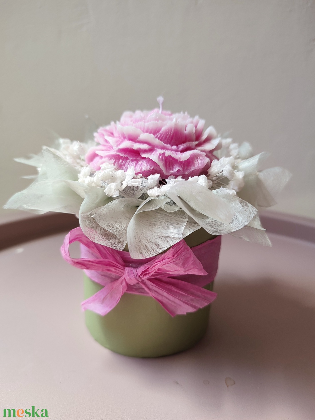 Gyertyabox Bazsarózsa - pink zöld fehér  - otthon & életmód - gyertya, illat, aroma - gyertya - Meska.hu