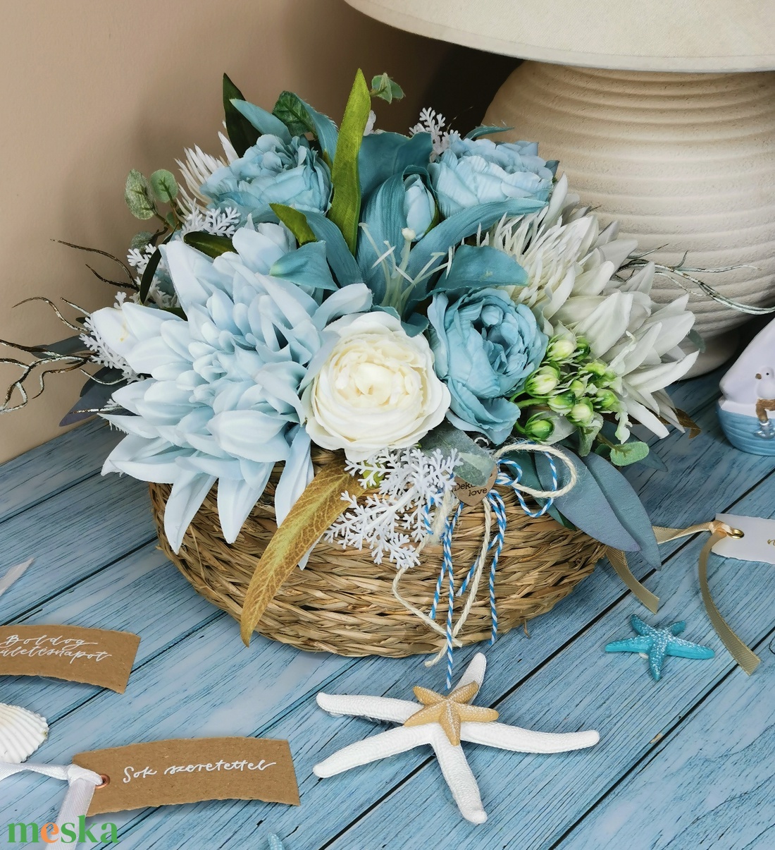 Kék-fehér nyári asztaldísz - otthon & életmód - dekoráció - asztal és polc dekoráció - asztaldísz - Meska.hu