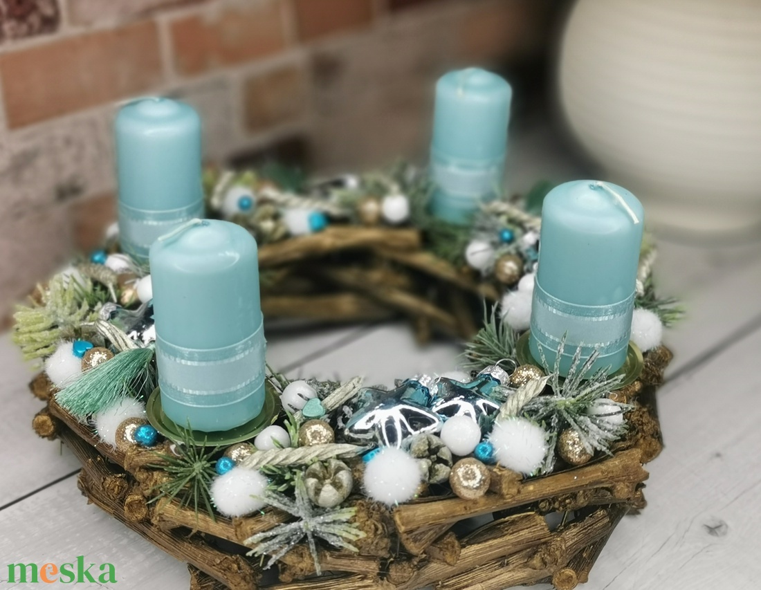 Türkiz adventi koszorú - karácsony - adventi díszek - adventi koszorú - Meska.hu