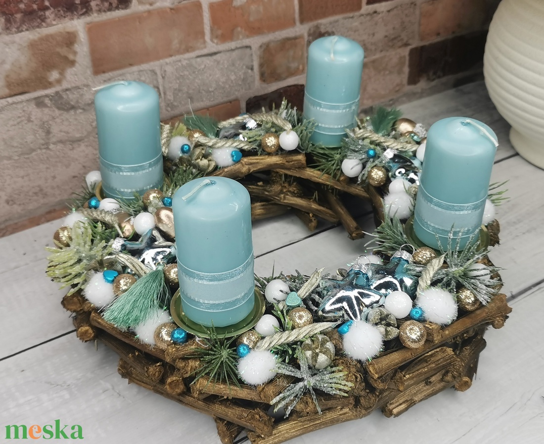 Türkiz adventi koszorú - karácsony - adventi díszek - adventi koszorú - Meska.hu