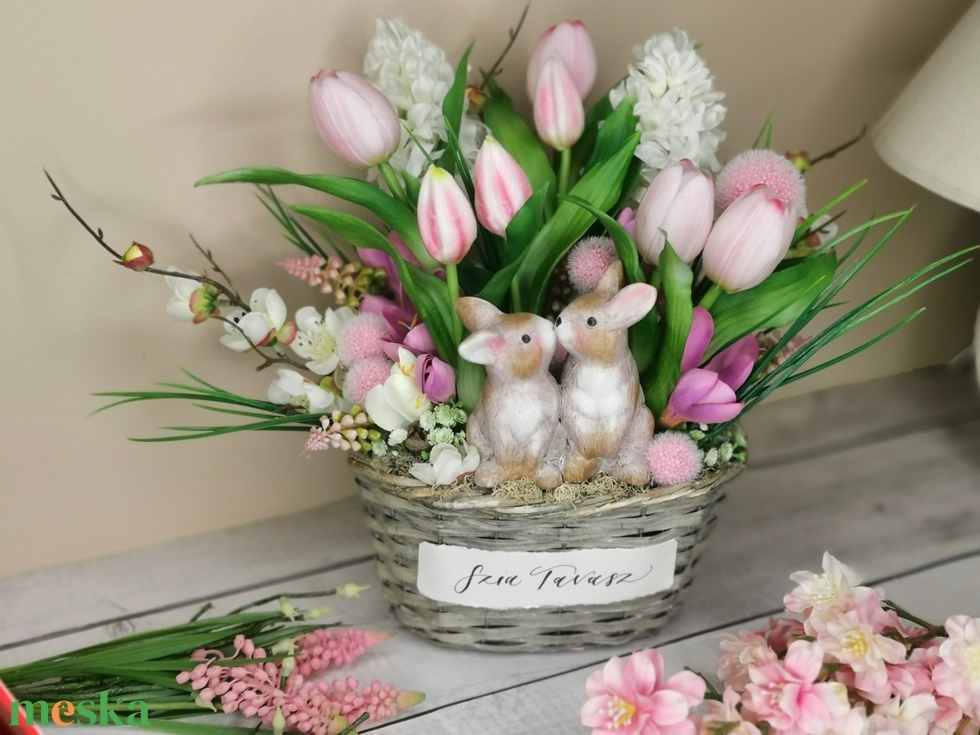 Tavaszi nyuszis kosár - ünnepi díszek, dekorációk - húsvéti díszek és dekorációk - húsvéti asztaldíszek - Meska.hu