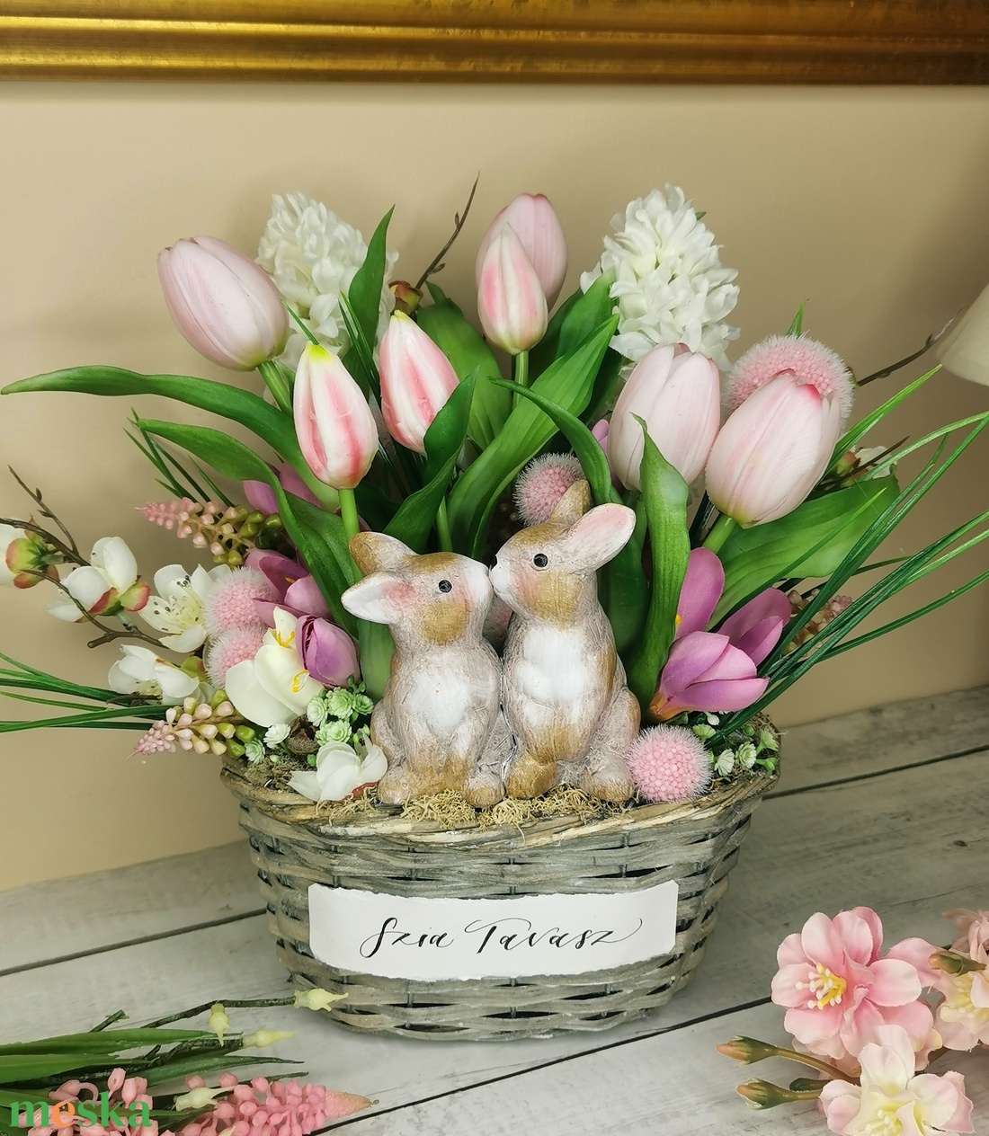 Tavaszi nyuszis kosár - ünnepi díszek, dekorációk - húsvéti díszek és dekorációk - húsvéti asztaldíszek - Meska.hu