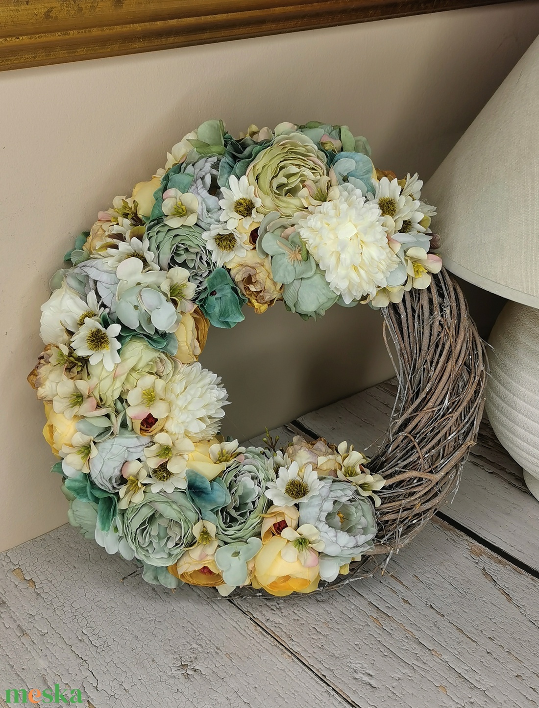 Türkizes selyemvirágos kopogtató - otthon & életmód - dekoráció - ajtó- és ablak dekoráció - ajtódísz & kopogtató - Meska.hu