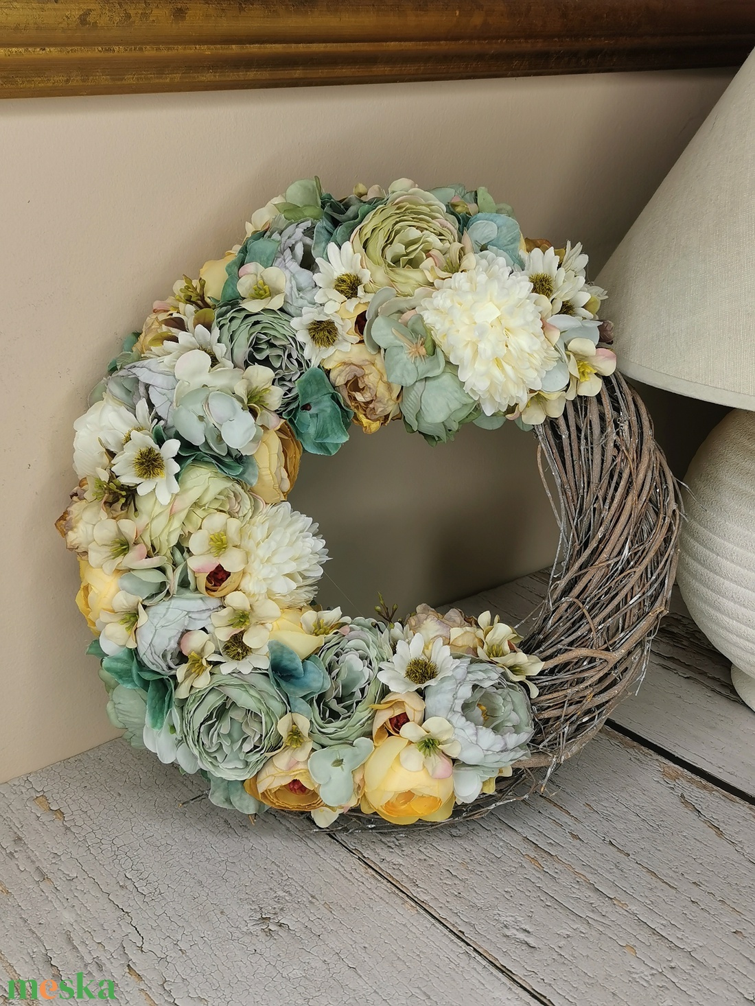 Türkizes selyemvirágos kopogtató - otthon & életmód - dekoráció - ajtó- és ablak dekoráció - ajtódísz & kopogtató - Meska.hu