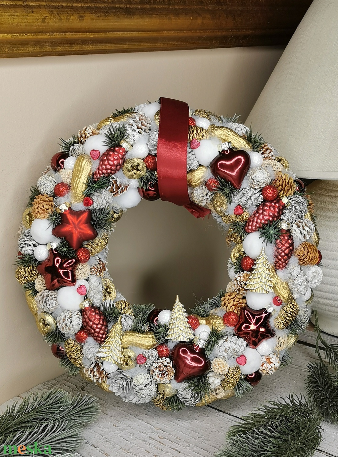 Karácsonyi piros-arany kopogtató - karácsony - adventi díszek - adventi ajtódísz - Meska.hu